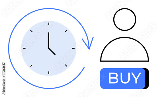 Clock with arrow shows time urgency, next to abstract human figure and BUY button. Ideal for e-commerce, time management, online shopping, marketing, digital sales, user experience design. Line