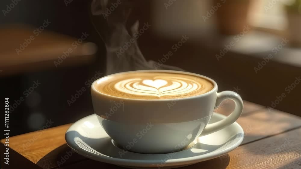 A steaming cup of latte art coffee, complete with a delicate heart design, sitting on a wooden table bathed in warm sunlight. Concept of a relaxing coffee moment. A steaming cup of latte art coffee, complete with a delicate heart design, sitting on a wooden table bathed in warm sunlight. Concept of a relaxing coffee moment.