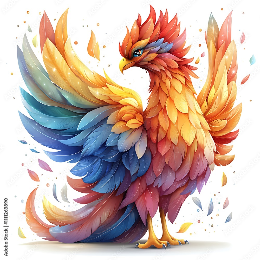 Obraz premium A vibrant, colorful phoenix with outstretched wings, feathers in shades of red, orange, yellow, blue, and purple, against a white background.
