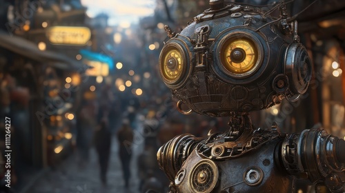 Steampunk Robot in a Bustling Market Scene, Perfect for Sci-Fi Art, Futuristic Story Concepts, Retro-Industrial Themes, Gaming Backgrounds, and Dystopian Illustrations photo