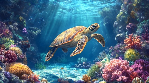 Graceful Sea Turtle Swimming in a Colorful Coral Reef