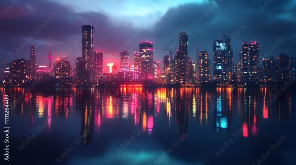 Fototapeta premium Neon City Skyline Reflected in Water