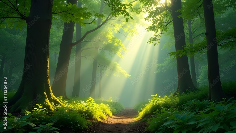 Fototapeta premium The warm sun is shining brightly through the tall trees in the lush forest