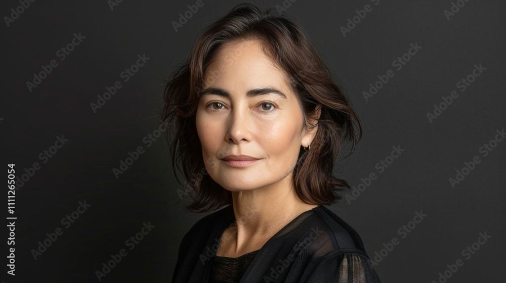 Confident middle aged asian woman in dark dress posing elegantly against a shadowy background Confident middle aged asian woman in dark dress posing elegantly against a shadowy background