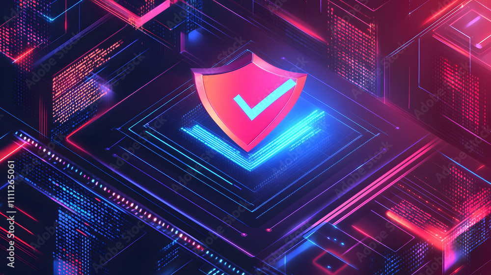 Fototapeta premium A futuristic cyber security illustration featuring a digital shield with a check mark, surrounded by code and interface elements. Perfect for representing online security, data protection, and tech.