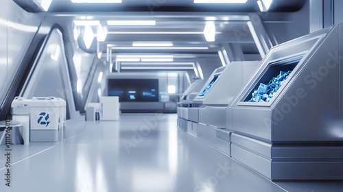 A futuristic corridor with sleek surfaces and display units, suggesting a high-tech environment.