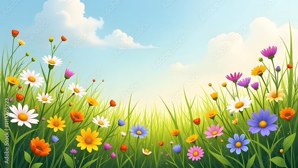 Obraz premium A vibrant and colorful field of flowers set against a bright blue sky background