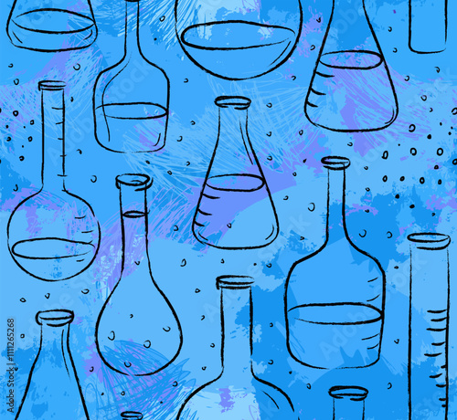 Back to School: science lab objects doodle hand drawn vintage style sketches seamless pattern, vector illustration.