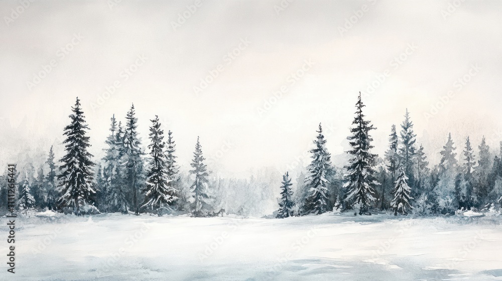 Watercolor winter scene with snow-covered trees and a serene sky, creating a peaceful background for Christmas and New Year invitations. Watercolor winter scene with snow-covered trees and a serene sky, creating a peaceful background for Christmas and New Year invitations.