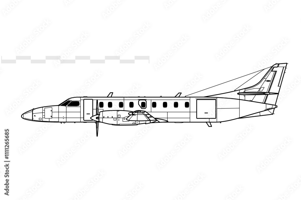 Fairchild Swearingen Metroliner III. Vector drawing of turboprop regional airliner. Side view. Image for illustration and infographics. Fairchild Swearingen Metroliner III. Vector drawing of turboprop regional airliner. Side view. Image for illustration and infographics.