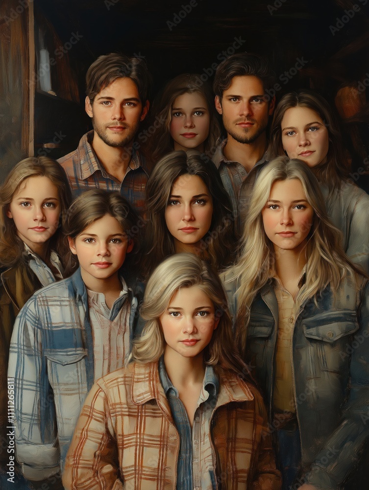 Fototapeta premium Large family portrait inside home. Generations together. Family members stand close. Everyone looks directly at camera. Warm lighting suggests homey atmosphere. Casual clothing in style looks like