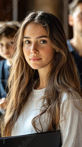 Wallpaper Mural Young woman with long hair and a notebook in a cozy indoor setting with people nearby Torontodigital.ca