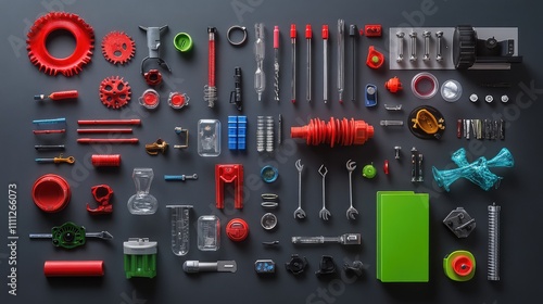 Colorful Arrangement of Various Tools and Mechanical Parts on Surface