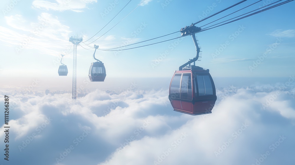 Scenic Gondola Ride Above the Clouds in Bright Blue Sky Scenic Gondola Ride Above the Clouds in Bright Blue Sky