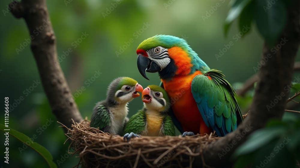 A mother parrot caring for her chicks in a lush, tropical setting, showcasing their strong bond. A mother parrot caring for her chicks in a lush, tropical setting, showcasing their strong bond.