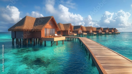 Wooden villas on stilts stand in turquoise water lagoon. Tropical island summer vacation. Beautiful walkway connects villas. Clear blue sky, white clouds above. Peaceful, relaxing beach vacation