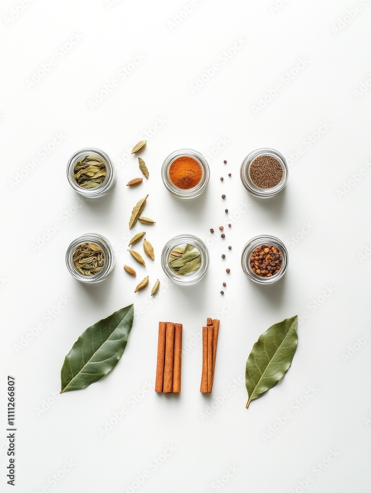Vibrant small jars filled with spices are arranged alongside bay leaves and cinnamon sticks, highlighting their aromatic qualities on a clean surface. Generative AI Vibrant small jars filled with spices are arranged alongside bay leaves and cinnamon sticks, highlighting their aromatic qualities on a clean surface. Generative AI