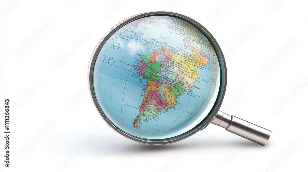 Magnifying Glass Focusing on South America Map with Bright Colors Magnifying Glass Focusing on South America Map with Bright Colors