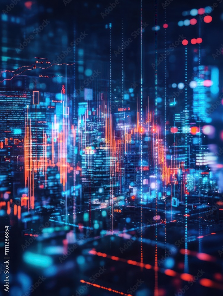 Abstract glowing big data forex candlestick chart on blurry city background. Trade, technology, investment and analysis concept. Double exposure Abstract glowing big data forex candlestick chart on blurry city background. Trade, technology, investment and analysis concept. Double exposure