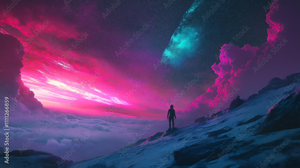 Fototapeta premium Sci-Fi Human Looks at Starry Sky