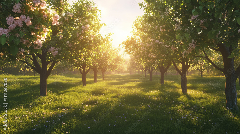 Naklejka premium Beautiful Tree Orchard at Morning