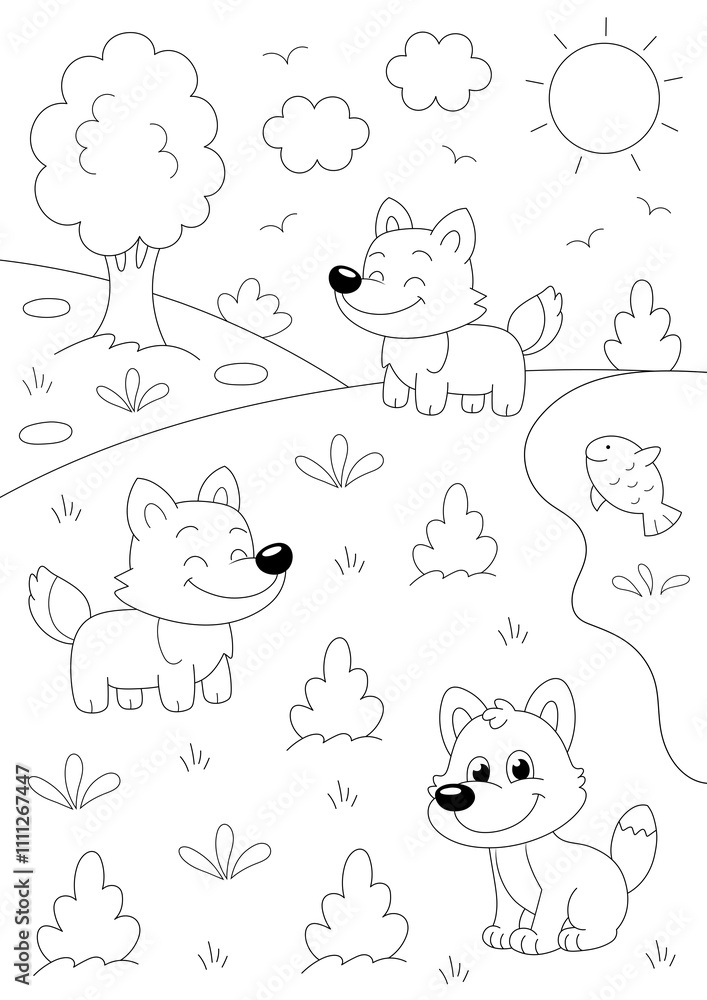 animals colouring page cartoon wolfs. print on A4 paper at 300 dpi, for high quality printing. animals colouring page cartoon wolfs. print on A4 paper at 300 dpi, for high quality printing.