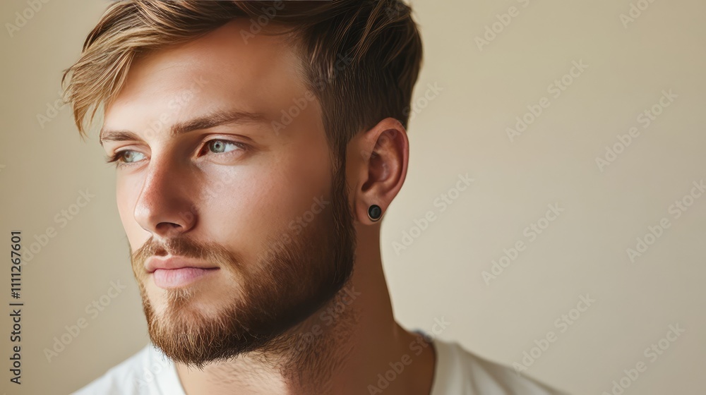 Fototapeta premium Close-up of Thoughtful Young Man with Stylish Hair and Beard