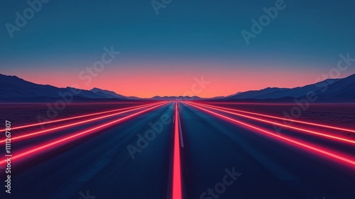 milestones achievement process A Futuristic Road Leading to a Distant Horizon Marked by Glowing Checkpoints at Dusk, Showcasing Vibrant Neon Colors and Majestic Mountains