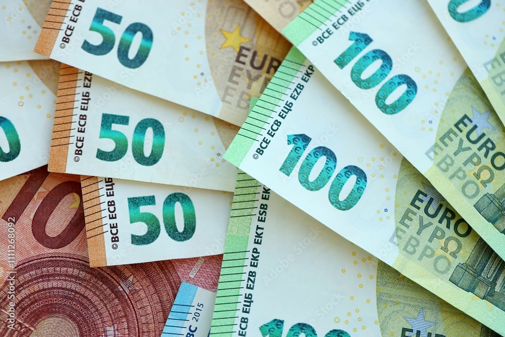 Many real european euro banknotes in big pile Many real european euro banknotes in big pile