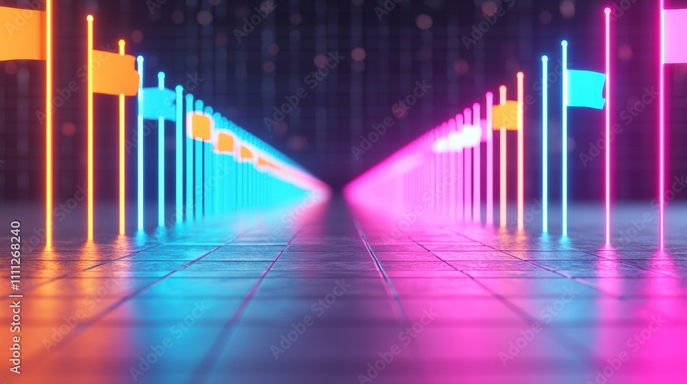 milestones achievement process Glowing Infographic Timeline with Colorful Flags Illuminating Milestones in a Futuristic Digital Environment milestones achievement process Glowing Infographic Timeline with Colorful Flags Illuminating Milestones in a Futuristic Digital Environment
