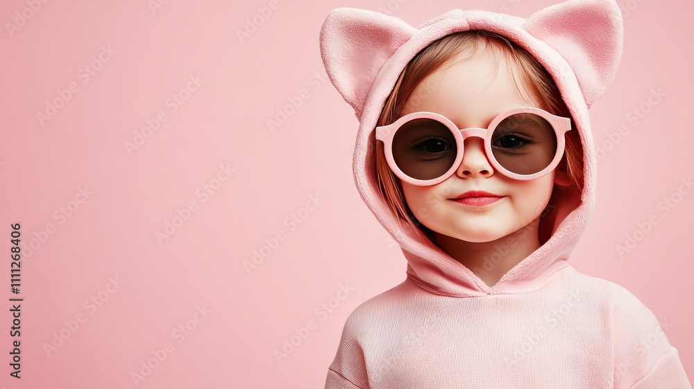 Cute Child with Pink Hoodie and Sunglasses Against Pink Background Cute Child with Pink Hoodie and Sunglasses Against Pink Background