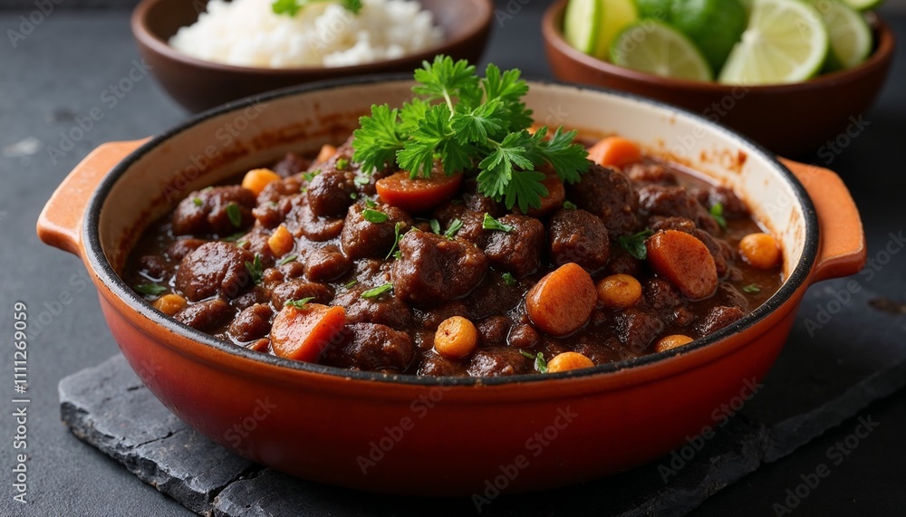 Feijoada served in a deep dish with parsley sprigs, accompanied by rice on a dark slate surface for a rustic presentation. Feijoada served in a deep dish with parsley sprigs, accompanied by rice on a dark slate surface for a rustic presentation.