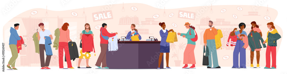 Diverse people customers cartoon characters holding clothes buying garment with sale discount Diverse people customers cartoon characters holding clothes buying garment with sale discount