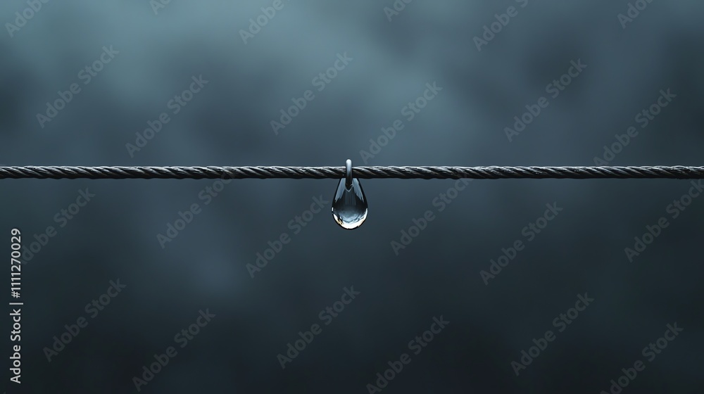 Fototapeta premium A single water drop hangs from a wire against a blue sky.