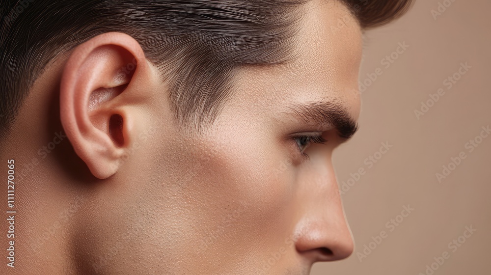 Close-up Profile Portrait of Young Man with Stylish Hair and Skin Close-up Profile Portrait of Young Man with Stylish Hair and Skin