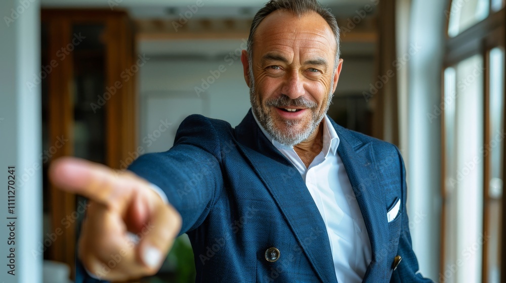 Obraz premium Cheerful middle aged businessman with grey hair promoting advertisements in casual attire