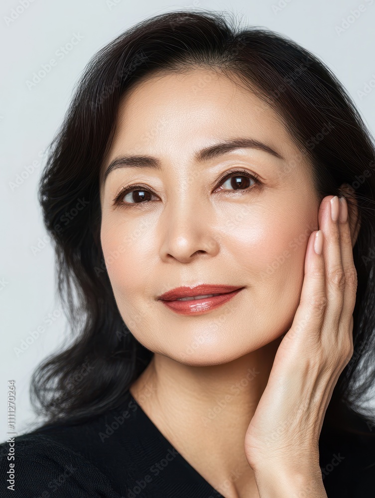 Closeup portrait of gorgeous happy middle aged mature asian woman, senior older 50 year lady looking at camera touching her face isolated on white. Ads of lifting anti wrinkle skin care treatment. Closeup portrait of gorgeous happy middle aged mature asian woman, senior older 50 year lady looking at camera touching her face isolated on white. Ads of lifting anti wrinkle skin care treatment.