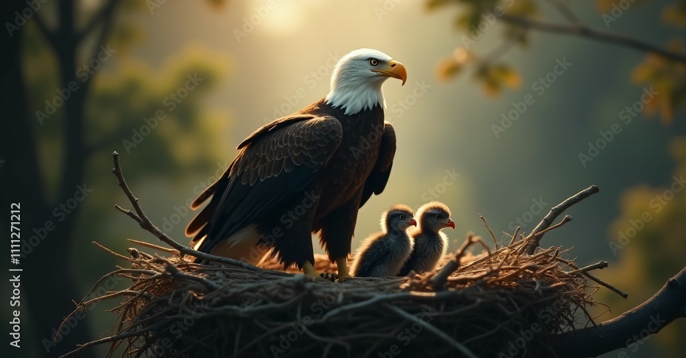 Fototapeta premium A mother bald eagle protecting her chicks in the nest, creating a tender and nurturing wildlife moment.