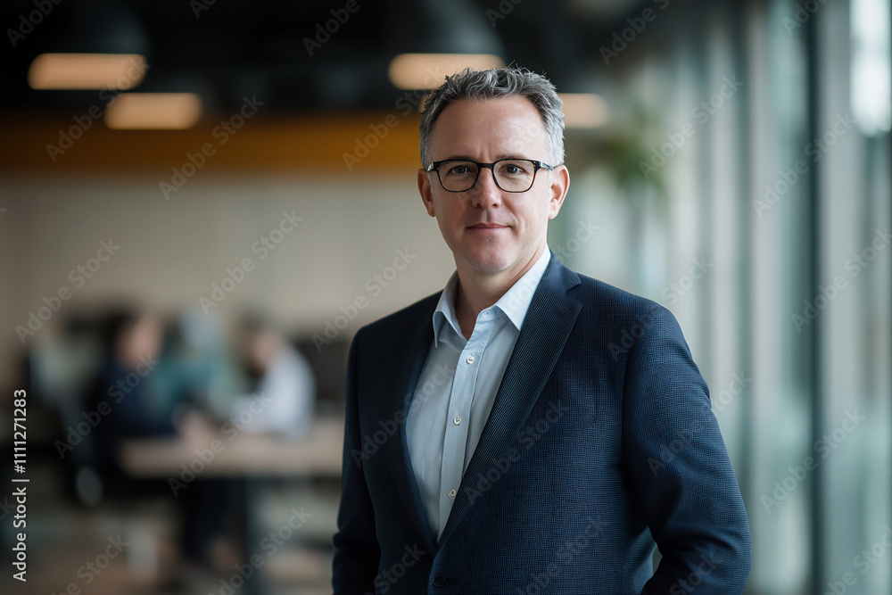 Confident mature businessman in glasses and formal suit in a modern office setting. Leadership and corporate professionalism concept Confident mature businessman in glasses and formal suit in a modern office setting. Leadership and corporate professionalism concept