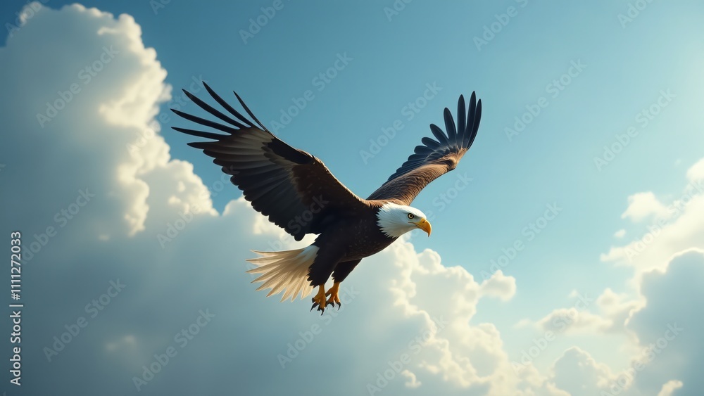 Obraz premium A bald eagle soaring through the sky, showcasing its powerful wings and majestic flight.