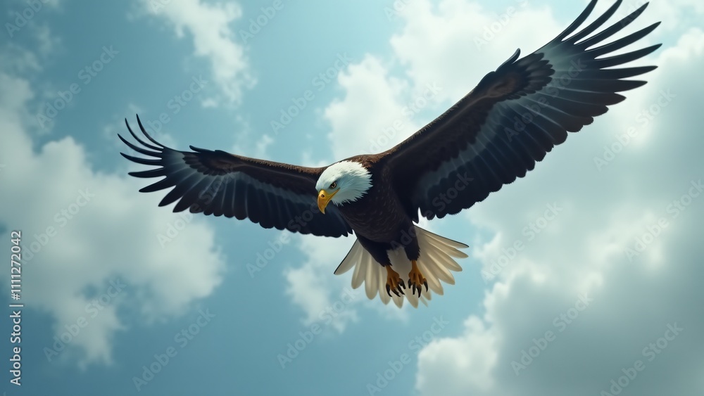 A bald eagle soaring through the sky, showcasing its powerful wings and majestic flight. A bald eagle soaring through the sky, showcasing its powerful wings and majestic flight.
