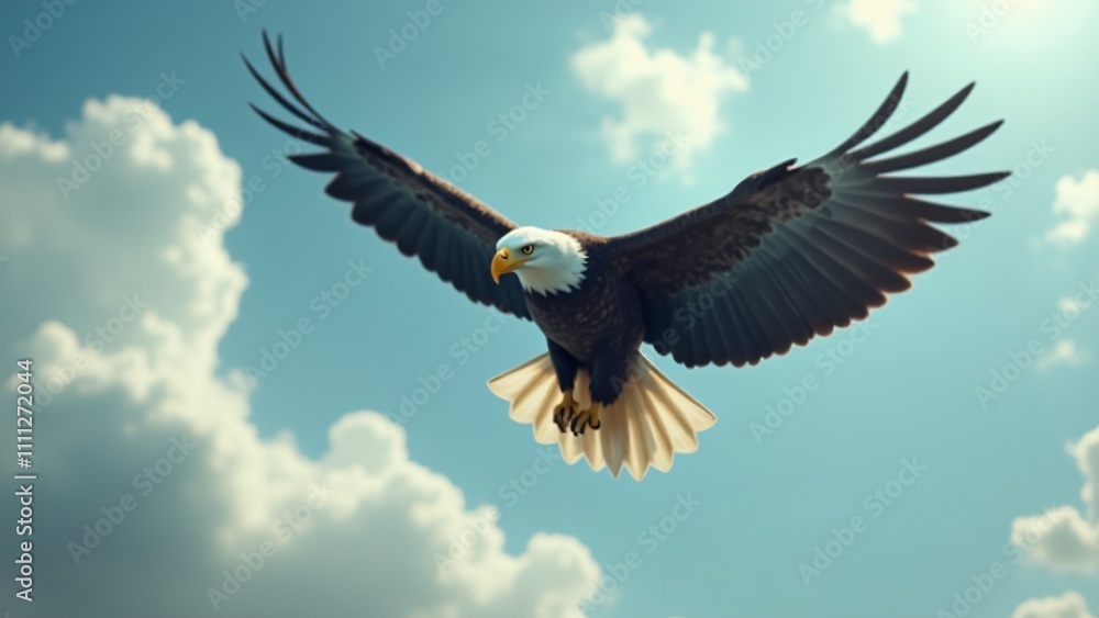 Obraz premium A bald eagle soaring through the sky, showcasing its powerful wings and majestic flight.