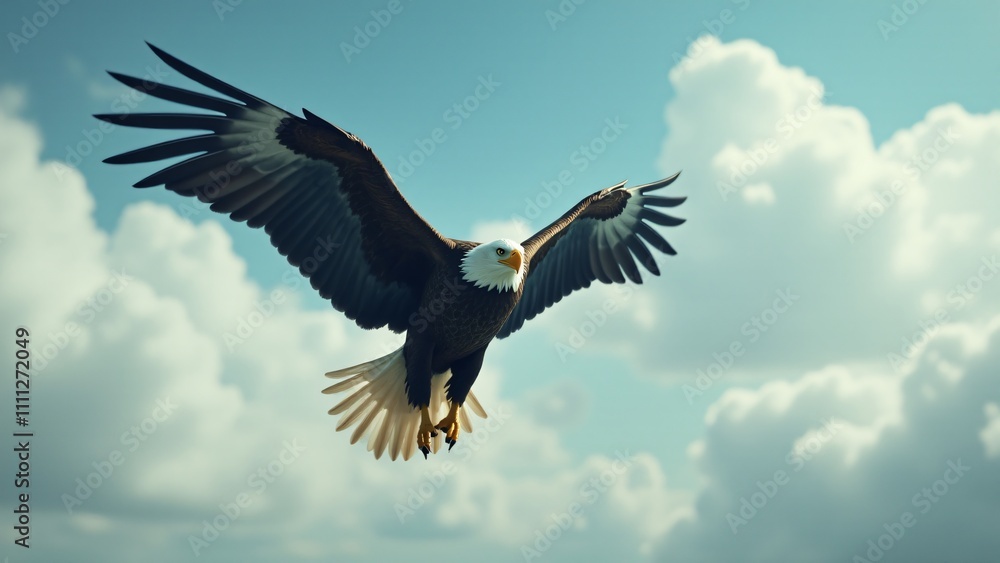 Obraz premium A bald eagle soaring through the sky, showcasing its powerful wings and majestic flight.