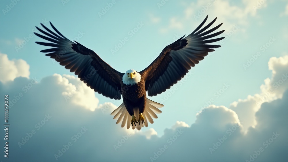 Obraz premium A bald eagle soaring through the sky, showcasing its powerful wings and majestic flight.