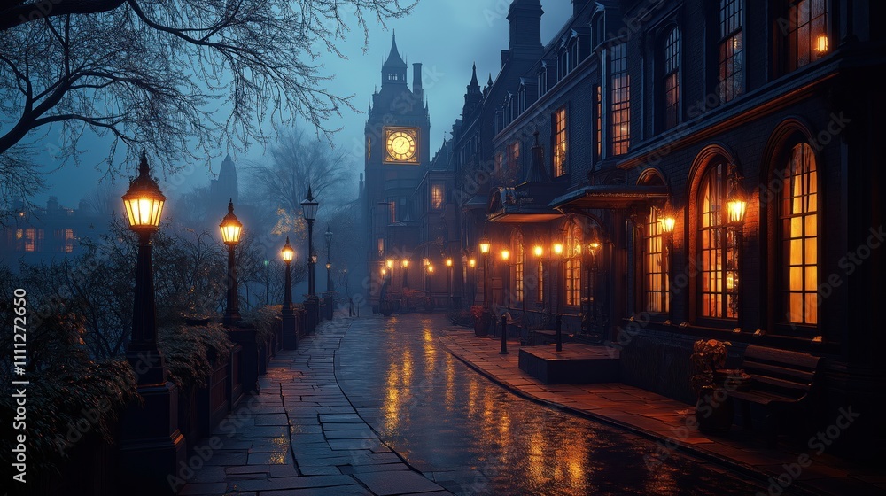 Fototapeta premium Rainy evening in Victorian London. Gas lamps illuminate historic buildings. Cobblestone street reflects warm light. Moody atmosphere. Person walks by. Evening scene. Historic architecture. Romantic