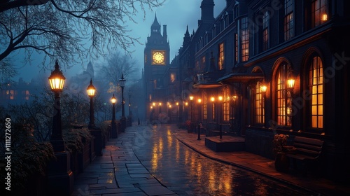 Rainy evening in Victorian London. Gas lamps illuminate historic buildings. Cobblestone street reflects warm light. Moody atmosphere. Person walks by. Evening scene. Historic architecture. Romantic