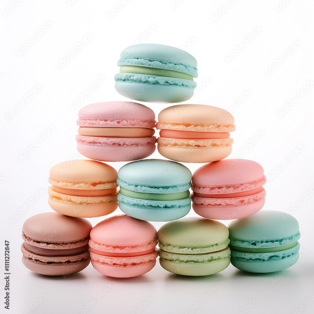 Obraz premium Pastel colored macarons arranged like a pyramid on a white background