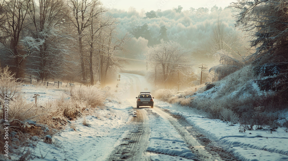 A car navigates a serene, snowy road surrounded by trees in winter's embrace. A car navigates a serene, snowy road surrounded by trees in winter's embrace.