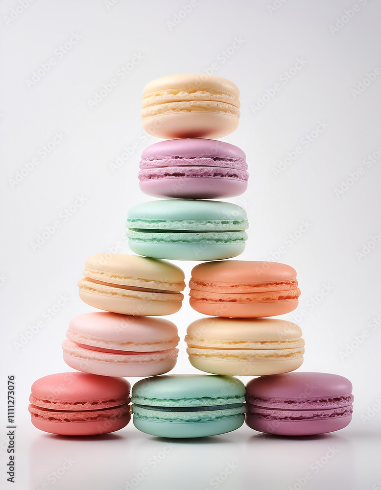 Pastel colored macarons arranged like a pyramid on a white background Pastel colored macarons arranged like a pyramid on a white background