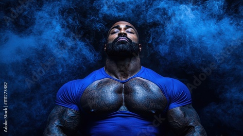 Bodybuilder posing in dramatic blue lighting gym studio fitness photography intense atmosphere